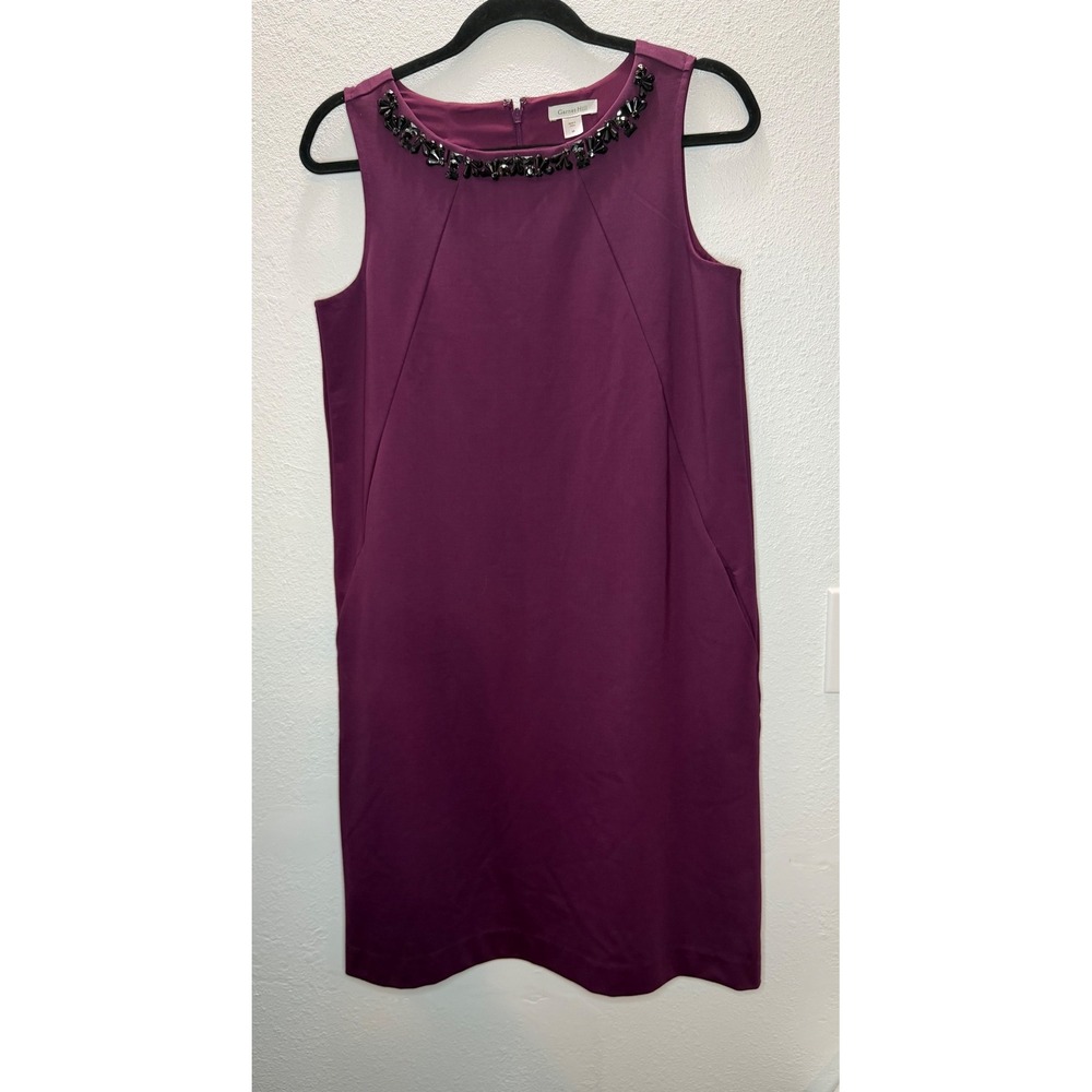 Garnet Hill Shift Dress Women 6 Plum Embellished Sleeveless Party Evening